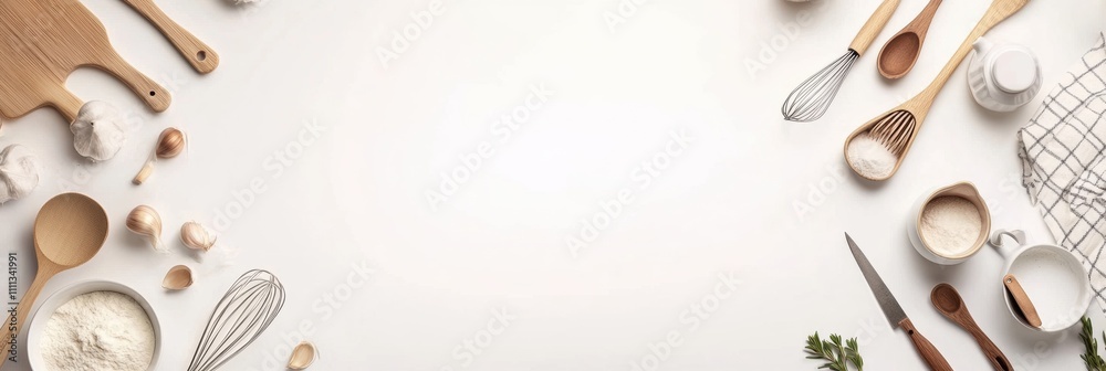 Poster various kitchen utensils such as spatulas, whisks, and small pots are neatly arranged on a white bac