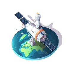 Isometric satellite orbiting Earth.