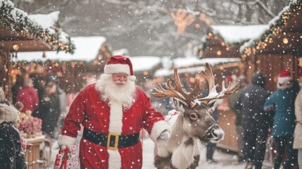 Festive Market Scene with Santa and Reindeer