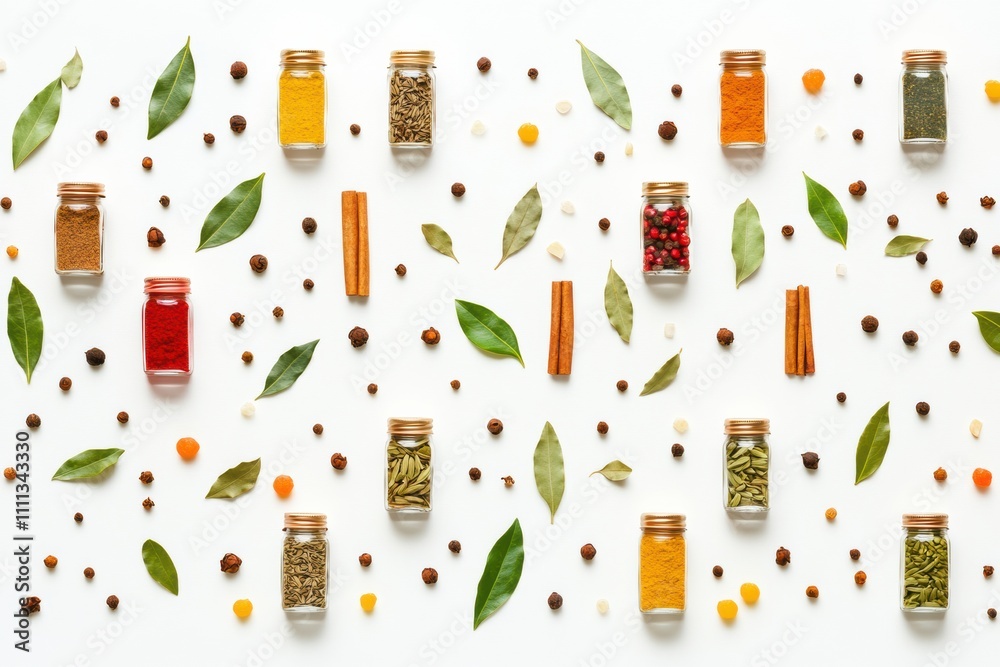 Poster A vibrant display of small jars filled with spices, accented by bay leaves and cinnamon sticks, offers a delightful array of colors and aromas. Generative AI