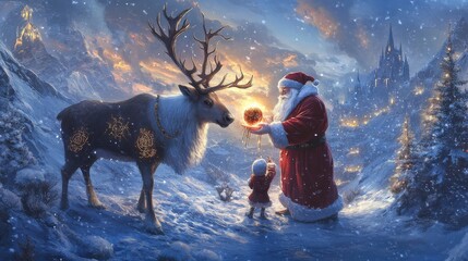 Intricate Reindeer with Runes in Winter Wonderland Scene