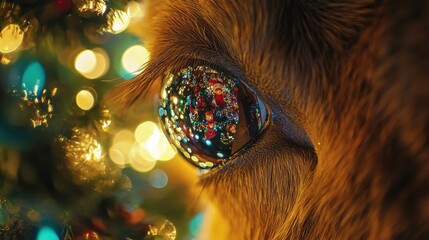 Close-Up of Reindeer Eye Reflecting Holiday Lights