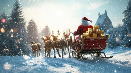 Santa in Winter Wonderland with Reindeer Team