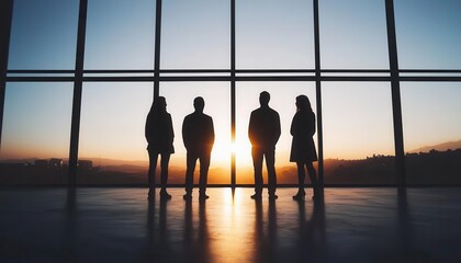 Professionals standing in a circle, exchanging innovative ideas in a casual meeting room with large windows, Standing idea exchange