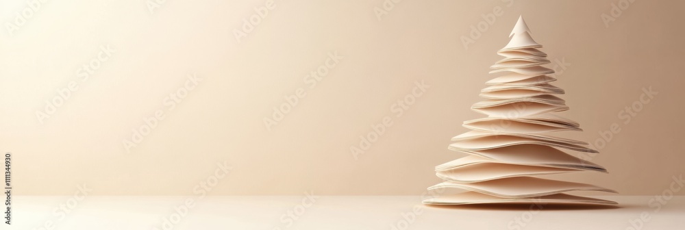 Poster A layered 3D paper Christmas tree sits on a neutral background, offering blank space for text or design elements for a festive touch. Generative AI