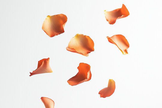 copper-colored rose pedals falling in the air white background