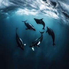 Whales and Calves Swimming in Arctic Waters