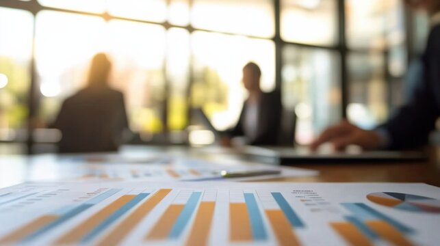 A financial advisor meeting with clients in a sleek office, with financial charts and graphs on the table, Financial advising scene