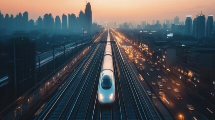 Fototapeta premium High-Speed Train Gliding on Elevated Tracks at Sunset