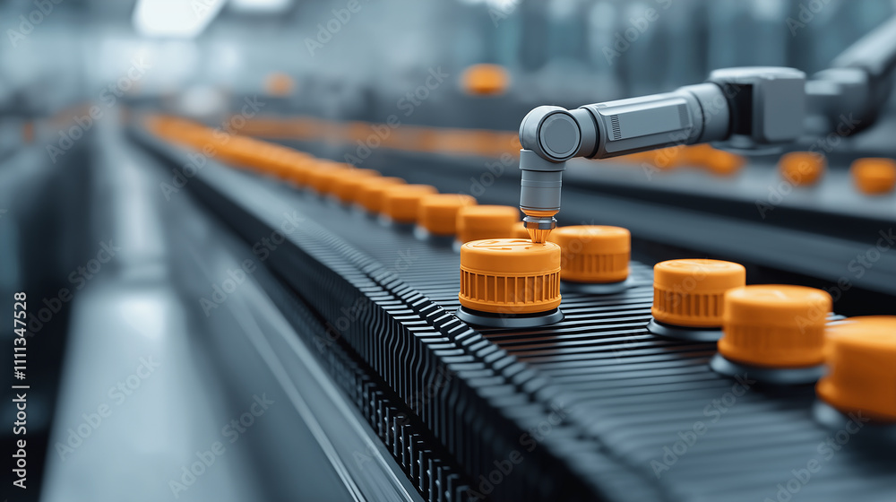 Aufkleber automated robotic arm performing quality control on orange bottle caps