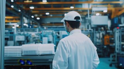Obraz premium A focused industrial engineer inspecting manufacturing processes on the factory floor, Factory inspection scene, Industrial efficiency style