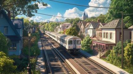 Obraz premium Commuter Train Gliding Through a Scenic Neighborhood