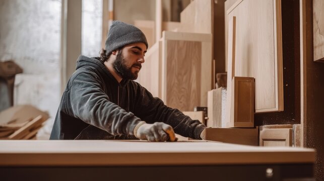 A focused shot of a carpenter crafting custom cabinetry onsite for a luxury residential project, Custom cabinetry installation scene, Woodworking craftsmanship style