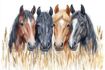 Four horses with varying colors peering through tall grass, showcasing their beauty and grace.
