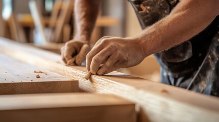 A focused shot of a carpenter crafting custom wooden fixtures for a luxury condominium renovation, Luxury condominium renovation scene, Bespoke woodworking style