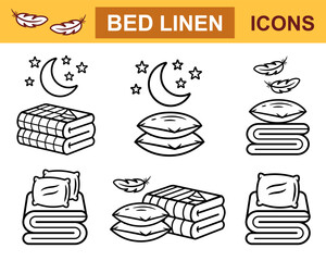 Clean bed linen folded, soft pillow, bedroom bedding sheet textile for sleep, towel, feather blanket duvet line icon set. Double, single bedclothes for night dream. Cotton quilt, bedsheet stack vector