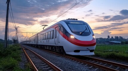 Fototapeta premium High-Speed Train in Jakarta at Sunset