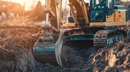 A focused shot of a heavy equipment operator maneuvering an excavator to dig foundation trenches at a residential construction site, Excavation scene, Earthmoving proficiency style