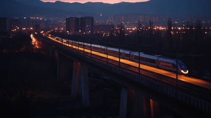 Fototapeta premium Twilight Train Passing Over Bridge at Dusk