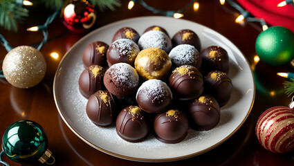 Obraz premium Delightful chocolate truffles arranged on a plate surrounded by festive decorations