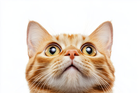 Ginger cats face, looking up against a white background