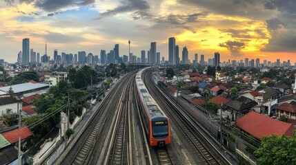 Obraz premium Wide Angle View of Jakarta MRT Train at Sunset