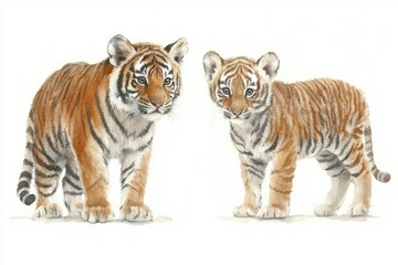 Two illustrated tigers, one adult and one cub, showcasing their distinct features and colors.