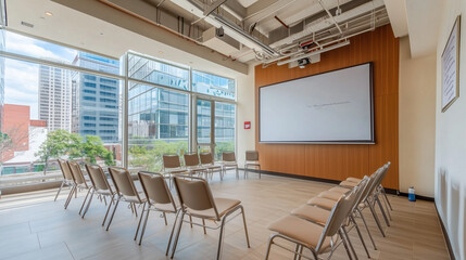 Fototapeta premium Business meeting room with vacant chairs, symbolizing the importance of preparation and anticipation in professional environments.