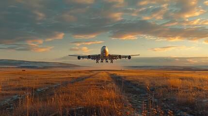 Airplane Landing on a Grassy Field at Sunset