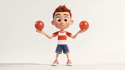 A cheerful cartoon boy juggling two red balls, showcasing fun and playfulness.