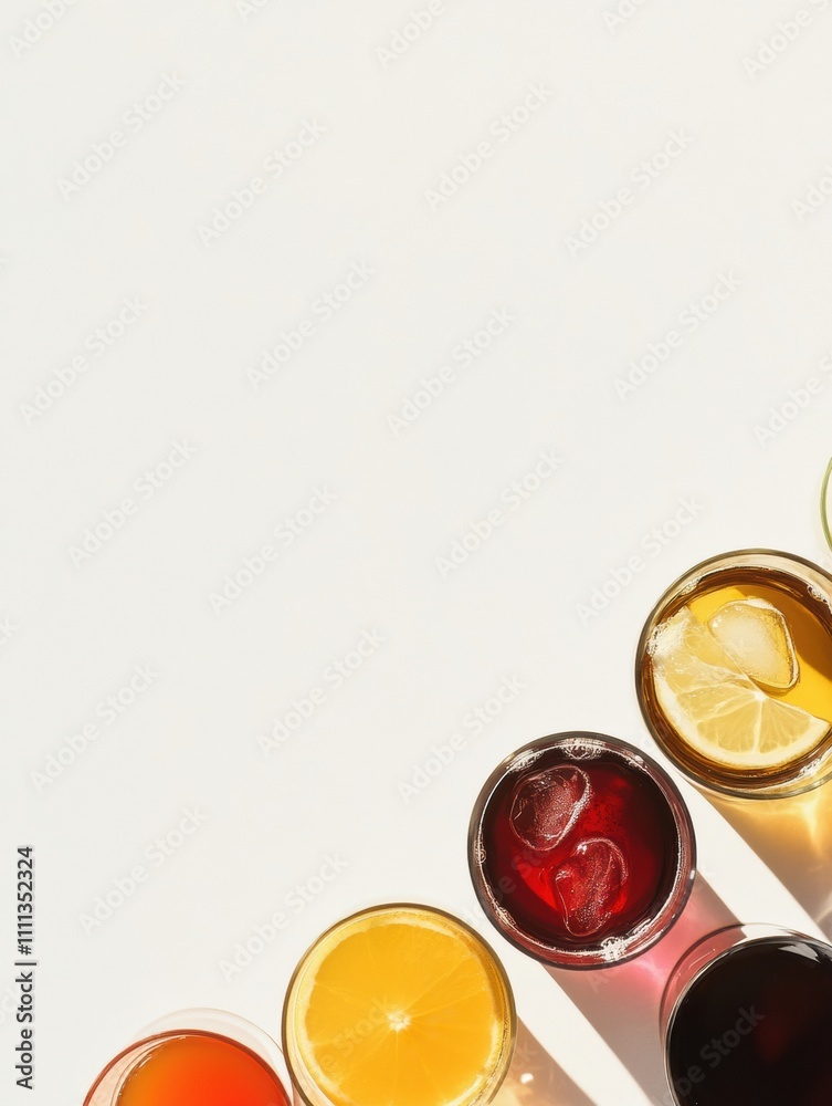 Poster various drinks like juice, tea, and soda displayed in glasses on a white surface, providing a clean 