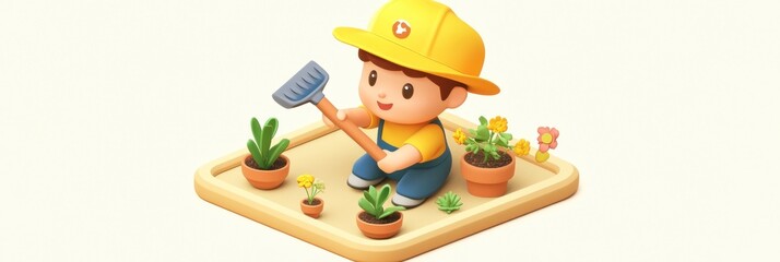 Obraz premium A cheerful child gardening with pots and plants, promoting nature and nurturing skills.