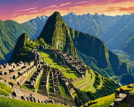 Machu Picchu in Peru. Historical landmark. City of the world countries vacation travel landmarks. South America. Vector illustration