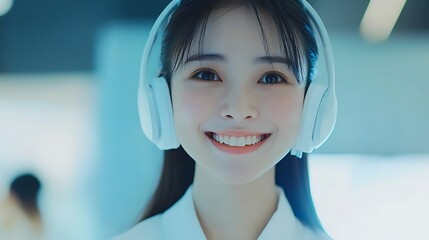 Close-Up of Smiling Asian Female Customer Service Representative