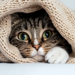 Close Up Portrait of a Cat Cozy Under a Blanket in Isolation