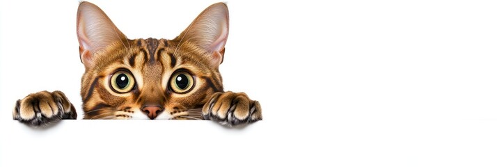 Fototapeta premium A cute cat peeking over an edge with large expressive eyes.