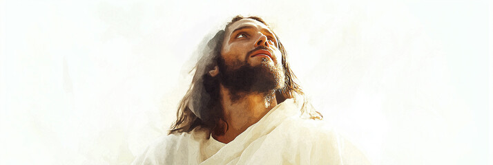 Christianity, Jesus Christ often depict serene expression, face look up against white background, symbolize faith in God divine connection religion, digital watercolor, soft white monotone, banner.