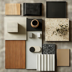 Hyper realistic photo, top down view, product photography, a material moodboard with swatches