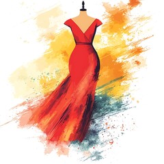 Fototapeta premium Abstract Watercolor Painting of a Red Dress on a Mannequin.