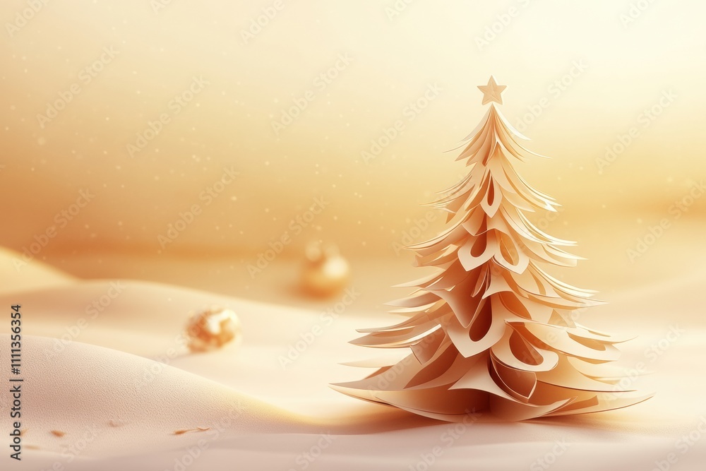 Poster Delicate layered paper Christmas tree stands on soft background, providing a perfect canvas for adding personalized messages and holiday cheer. Generative AI