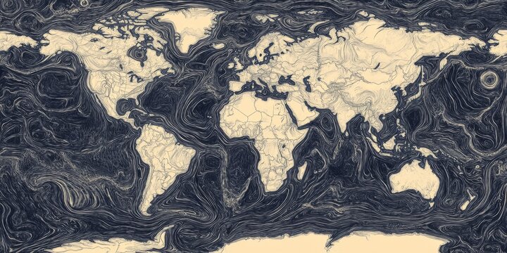 Fototapeta Artistic Hand Drawn World Map Ocean Currents Topography Global Geography Vintage Style