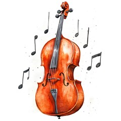 Fototapeta premium Watercolor painting of a cello with musical notes floating around it.