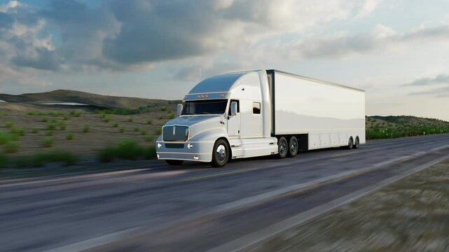 American style truck on freeway pulling load. Transportation theme. 4k 3D illustration