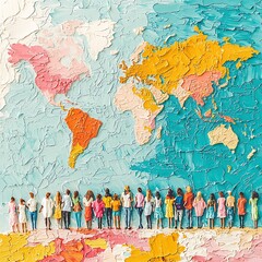 Fototapeta premium Diverse Group of People Standing Before a Colorful, Impasto World Map Painting.