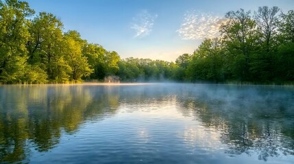 Serene Morning Reflection on Calm Lake Nature Landscape Misty Atmosphere Tranquil Environment Scenic Viewpoint