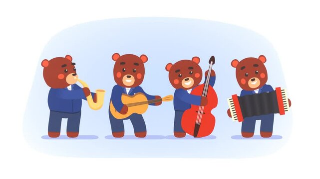 2d animation of cute bears in suits playing on various musical instruments, jazz band, bear playing on saxophone, guitar, contrabass, accordion