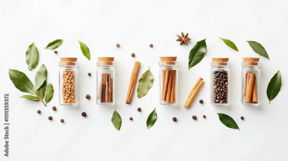 Poster Brightly colored spice jars, bay leaves, and cinnamon sticks are arranged on a white surface, creating an aromatic display with space for text. Generative AI