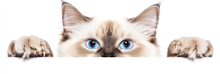 A curious cat peeking over a surface with striking blue eyes.