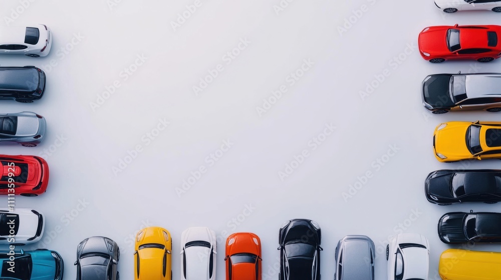 Poster A collection of miniature car models in various colors is neatly arranged on a white surface, providing ample space for custom text or designs. Generative AI