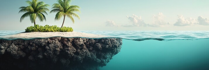 A serene tropical island with palm trees above and clear water below.